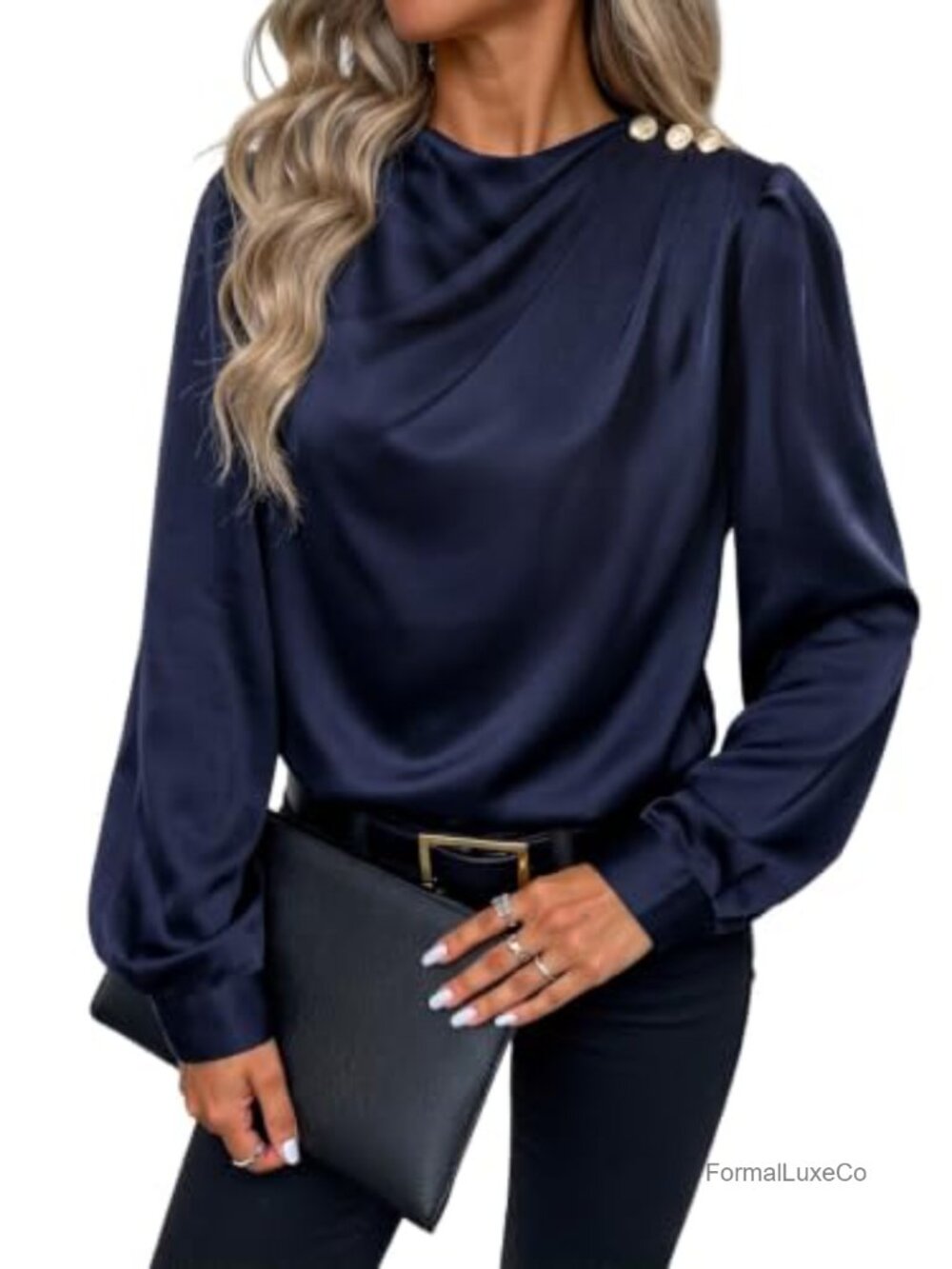 Satin Silk Mock Neck Blouse with Shoulder Button Detail